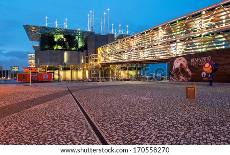 LISBON, PORTUGAL - JANUARY 2, 2014: Lisbon Oceanarium at sunset. Located in the Park of the Nations in the Expo area of Lisbon, it is the largest indoor aquarium in Europe and has 16000 animals.