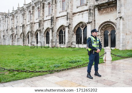 LISBON, PORTUGAL - JANUARY 3, 2014: Public Security Police officer. The PSP was formed by King Luis with the publication of a law which founded the corp of civil police in 1867.