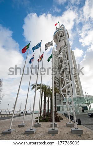 LISBON, PORTUGAL - JANUARY 5, 2014: Vasco da Gama Tower in the Park of the Nations. It is 145 meters tall built over the Tagus river in 1998 for the Expo 98 World\'s Fair.