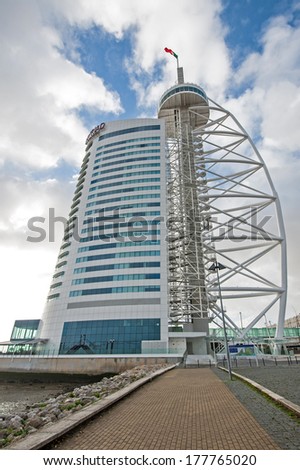 Lisbon, Portugal - January 5, 2014: Vasco Da Gama Tower In The Park Of The Nations. It Is 145 Meters Tall Built Over The Tagus River In 1998 For The Expo 98 World\'S Fair.