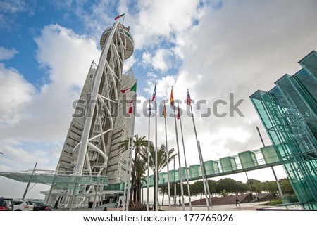 LISBON, PORTUGAL - JANUARY 5, 2014: Vasco da Gama Tower in the Park of the Nations. It is 145 meters tall built over the Tagus river in 1998 for the Expo 98 World\'s Fair.