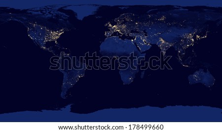 Earth night view from space with city lights. Digitally combined from a collection of satellite-based observations. \