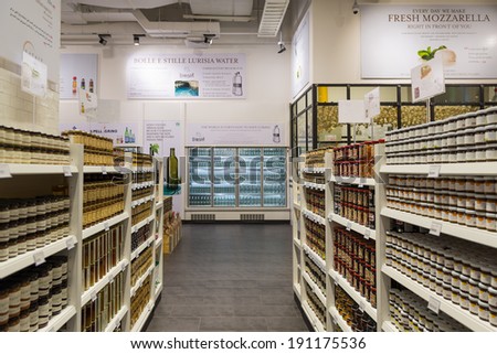 DUBAI, UAE - MARCH 29, 2014: Interior view of Eataly shop inside Dubai Mall. At over 12 million sq ft, it is the world's largest shopping mall.