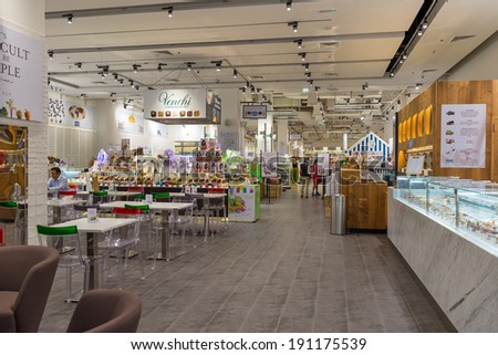 DUBAI, UAE - MARCH 29, 2014: Interior view of Eataly shop inside Dubai Mall. At over 12 million sq ft, it is the world\'s largest shopping mall.