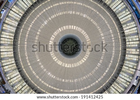 DUBAI, UAE - MARCH 28, 2014:Round ceiling inside Dubai Mall. At over 12 million sq ft, it is the world\'s largest shopping mall.