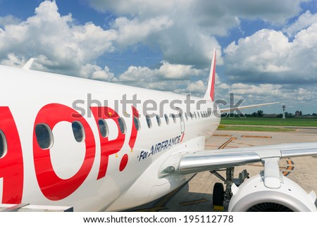 BOLOGNA, ITALY - MAY 13, 2014: Air France Hop Jet airplane at Bologna airport. Hop is a regional subsidiary of Air France.
