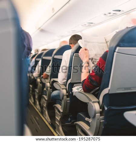 PARIS, FRANCE - MAY 13, 2014: Air France Jet airplanes interior view. Air France is rated among the top 10 biggest airlines in the world and top 3 biggest airlines in Europe.