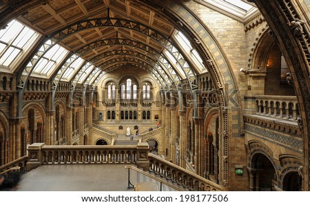 LONDON, UNITED KINGDOM - APRIL 16, 2014: Interior view of Natural History Museum. The museum\'s collections comprise almost 70 million specimens from all parts of the world.