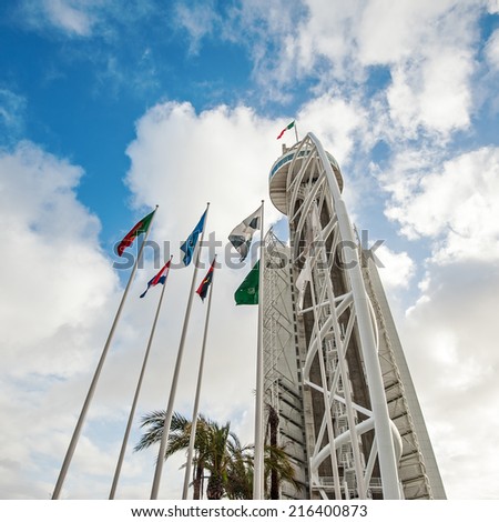 LISBON, PORTUGAL - JANUARY 5, 2014: Vasco da Gama Tower in the Park of the Nations. It is 145 meters tall built over the Tagus river in 1998 for the Expo 98 World's Fair.