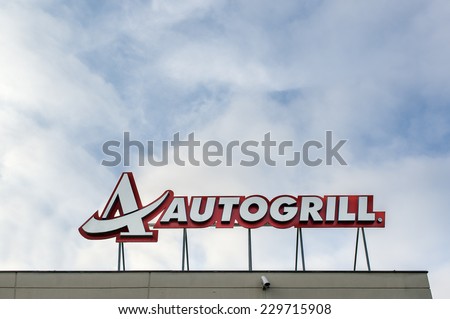 BOLOGNA, ITALY - NOVEMBER 9, 2014: Autogrill S.p.A restaurant and mini market sign on the A14 hiway. Autogrill is an Italian-based, multinational catering.