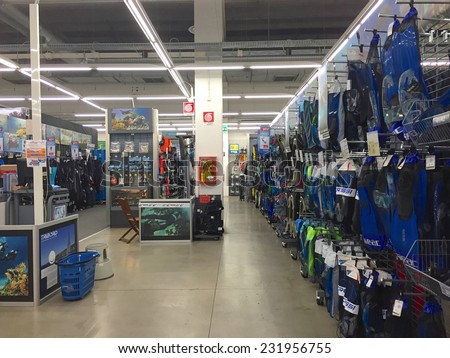 BOLOGNA, ITALY - NOVEMBER 19, 2014: Decathlon Sport Store inside view. Decathlon is the largest sporting goods reseller, founded in 1976.