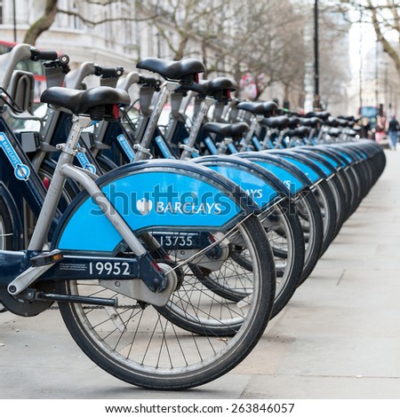 LONDON - APRIL 14, 2013: Barclays Cycle Hire. Barclays Cycle Hire (BCH) is a public bicycle sharing scheme in London, currently with 8,000 cycles and 570 docking station.