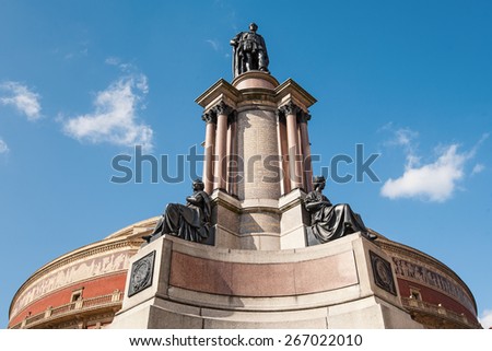 Statue of Royal Albert Hall in London. It is a concert hall in South Kensington.