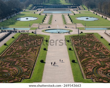 Garden of Vaux le Vicomte Castle aerial view, baroque French Palace located in Maincy, near Paris. Constructed from 1658 to 1661 for Nicolas Fouquet, the superintendent of finances of Louis XIV.