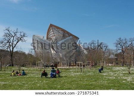 PARIS, FRANCE - APRIL 7, 2015: Louis Vuitton Foundation building. Made of 3,584 laminated glass panels, it was designed by the architect Frank Gehry and opened to the public in 2014.