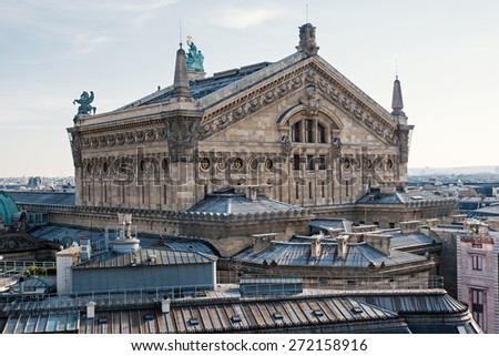 Paris Opera or Garnier Palace. Placed in Place de L\'Opera, it was designed by C. Garnier in 1875 in Neo Baroque Style.