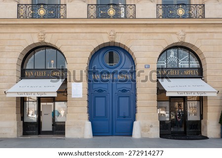 PARIS, FRANCE - APRIL 8, 2015: Van Cleef & Arpels shop in place Vendome. Place Vendome is renowned for its fashionable and luxury shops and hotels such as the Ritz.