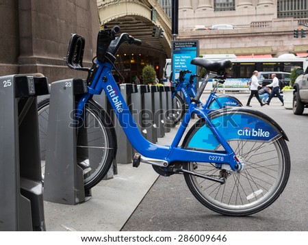NEW YORK CITY - MAY, 2015: Citi Bike station in front of Grand Central Station in Manhattan. NYC bike share system started in Manhattan and Brooklyn on May 27, 2013.