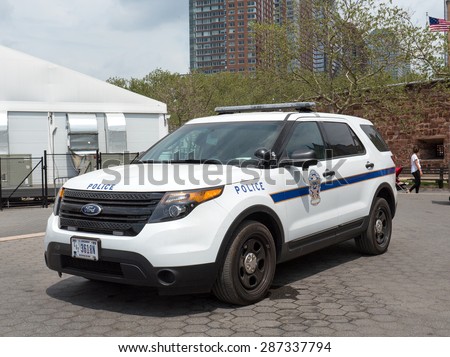 NEW YORK CITY -  MAY 2015: NYPD Police car at Battery Park. The New York City Police Department, established in 1845, is the largest municipal police force in the United States.