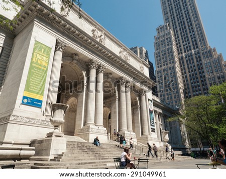 NEW YORK CITY - MAY 2015: The New York Public Library building. With nearly 53 million items, the New York Public Library is the second largest public library in the United States.