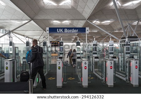 LONDON, UNITED KINGDOM - JUNE 2015: Electronic automatic passport check at UK border in Stansted airport. It was the 4th busiest airport in the UK with 17.4 million passengers.
