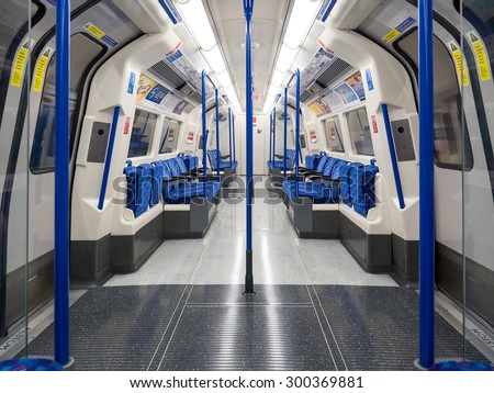 LONDON - JUNE 16, 2015: Empty underground wagon. The Underground system serves 270 stations and has 402 kilometres (250 mi) of track, 45 per cent of which is underground.