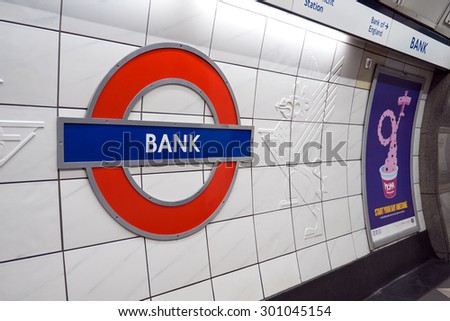 LONDON, UNITED KINGDOM - JUNE 18, 2015: Bank Station. The Underground system serves 270 stations and has 402 kilometres (250 mi) of track, 45 per cent of which is underground.