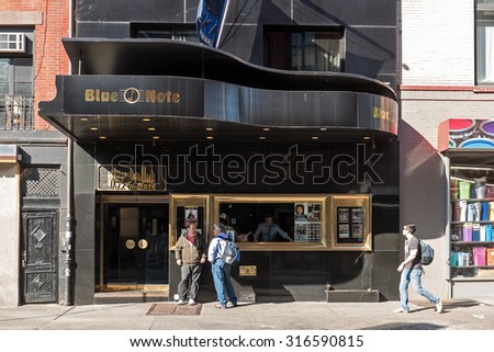 NEW YORK CITY - MAY 8, 2015: Facade of the Blue Note jazz club, one of the most prestigious jazz club in the world.