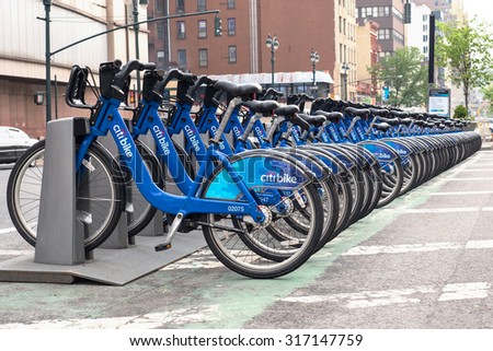 NEW YORK CITY - MAY 16, 2015: Citi Bike station in Manhattan. NYC bike share system started in Manhattan and Brooklyn on May 27, 2013.