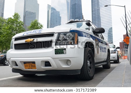NEW YORK - MAY 12, 2015: NYPD Police car in Manhattan. The New York City Police Department, established in 1845, is the largest municipal police force in the United States.