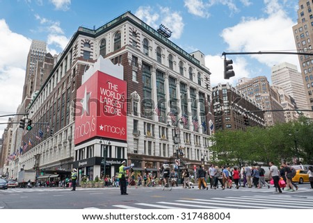 NEW YORK CITY - MAY 13, 2015: Historic Macy\'s Herald Square at 34th Street. Macy\'s is a mid-range chain of department stores owned by American multinational corporation Macy\'s, Inc.