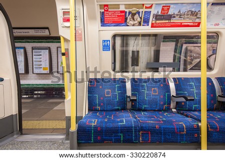 LONDON, UNITED KINGDOM  - APRIL 14, 2013: Empty underground wagon. The Underground system serves 270 stations and has 402 kilometres (250 mi) of track, 45 per cent of which is underground.