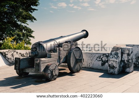 Weapon at Guia Fortress lighthouse in Macau at day time. Filtered image.