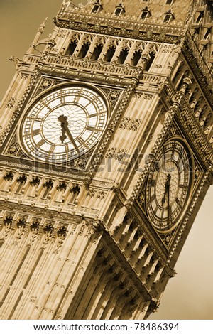 Big Ben, Houses of Parliament, Westminster Palace. London, United Kingdom. Sepia tone.