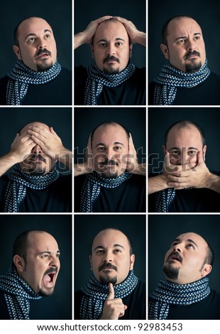 Set portrait of Man with different expression on dark background.