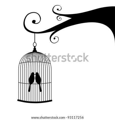 stock vector Vintage birdcage and couple of birds hanging on a tree