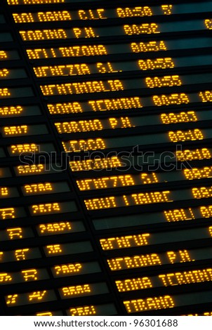 Arrival and departure board at Central railway station in Milan. Italy.