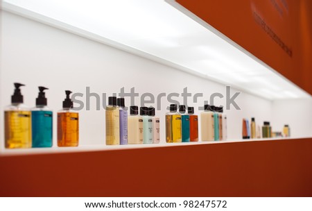 BOLOGNA, ITALY - MARCH 12: Cosmetics bottles at Cosmoprof exhibition, the largest beauty and cosmetic sector trade show in Italy with more than 170.000 attendees on March 12, 2012 in Bologna, Italy.