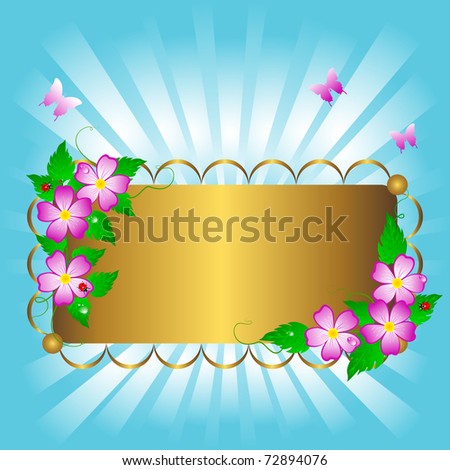 pictures of flowers and butterflies. stock vector : Golden banner with beautiful flowers and butterflies. Vector.