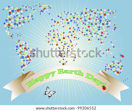 Earth Day. Cute map of the world of flowers and holiday banner. Vector illustration.