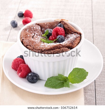 chocolate souffle with berries fruits