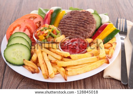 plate of vegetables; fries and beefsteak