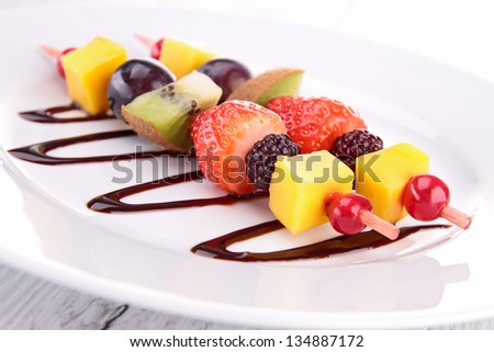 fruit skewer and chocolate sauce