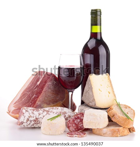 Meat,Cheese And Wine Isolated