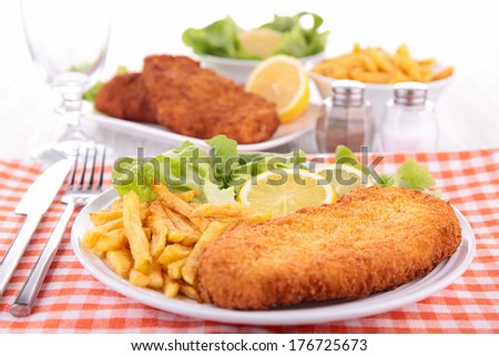 breaded meat and french fries