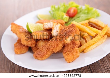 breaded meat and french fries
