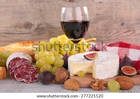 red wine,cheese,bread and sausage