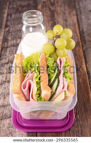 school lunch with sandwich,milk and grape
