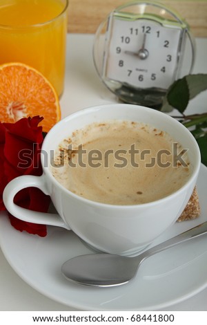 breakfast, coffee, orange juice and alarm clock