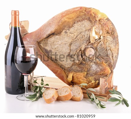 serrano ham with wine on white background
